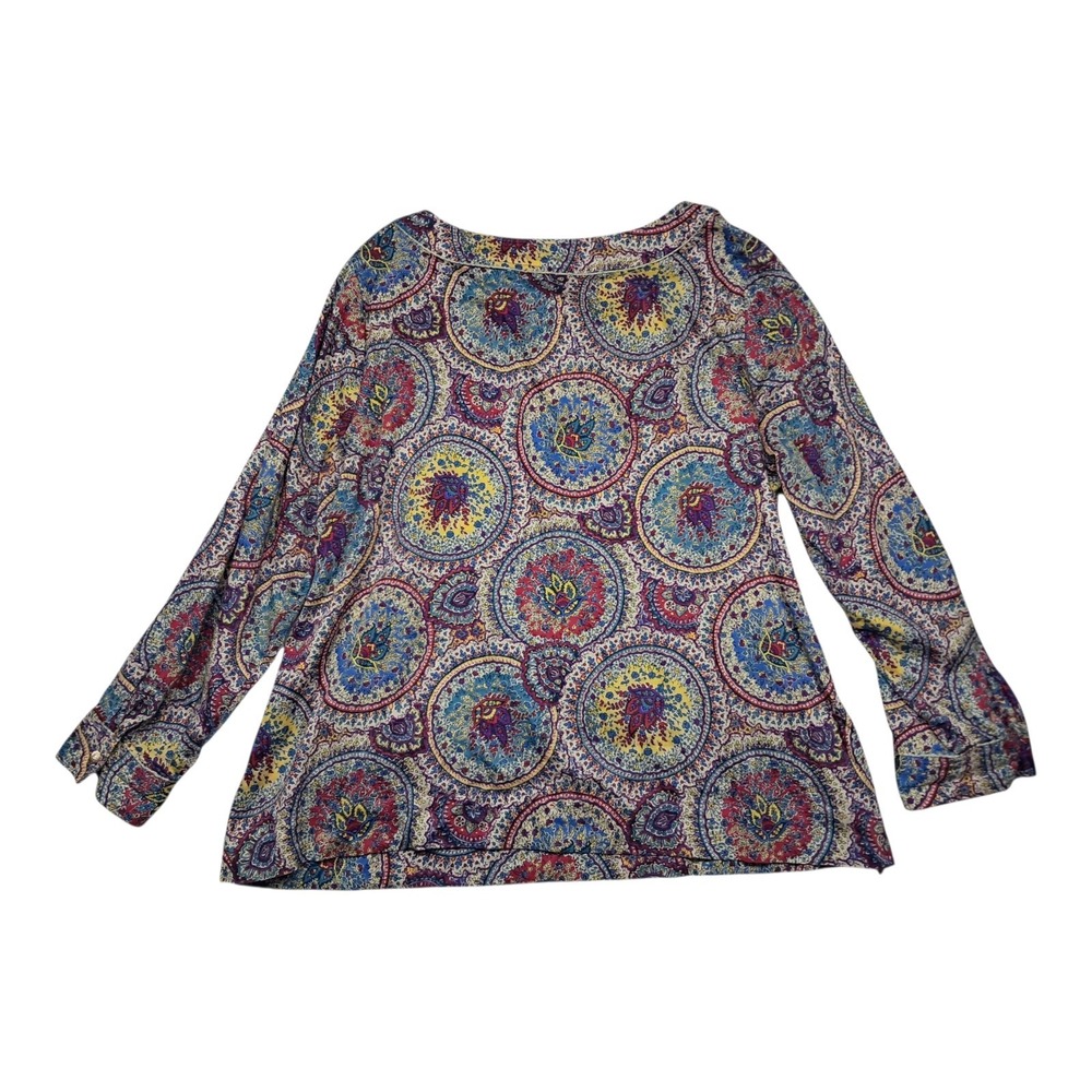 Talbots Top Women's 16 Petite Medallion Gold Metallic Henley Long Sleeve Boho - Picture 2 of 12